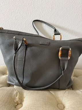 Authentic Gucci Classic Leather Tote Bag in Dark Gray with wooden and silver